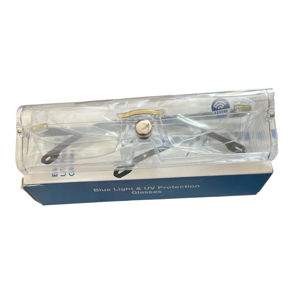 Blue Light UV Protection Rimless Reading Glasses Gold Black w/ Case New